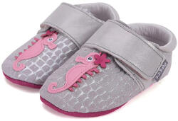 D. D. STEP pantofi de fetiță cu talpă din piele și curele Velcro cu model de căluț de mare argintiu (14515F)