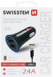 SWISSTEN , Szivargyújtós USB Gyorstöltő, USB-C Kábel, 2400mA 12/24V, 1, 2m