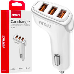 AMiO Autós töltő 3x USB-A 3.1A 12/24V