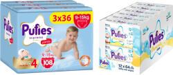 pufies Scutece pantalonași Pufies Supreme - Mărimea 4 Maxi, 108 bucăți, 9-15 kg, 3 x Value Pack + Șervețele umede Pufies Chamomile Care, 12 x 64 bucăți