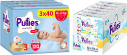 pufies Scutece-pantaloni Pufies Supreme - Mărimea 3 Midi, 120 bucăți, 6-11 kg, 3 x Value Pack + Șervețele umede Pufies Chamomile Care, 12 x 64 bucăți