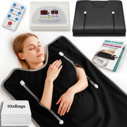 Linomag Termocuverta tip Sauna cu Doua Zone Infrarosu, LINOMAG®, 10 Folii Impachetari, Ardere Grăsimi, Relaxare, Detoxifiere, 35°C-80°C, Negru, 180x80cm (tips)