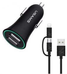 USAMS TRUMPET autós töltő 2 USB aljzat 2.1A gyorstöltő + Type-C/lightning kábel FEKETE US-CC013 OEM (US-CC013)