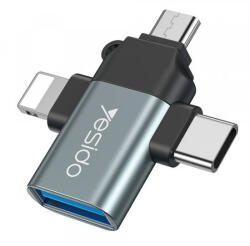Yesido Lightning / microUSB / USB-C - USB-A OTG adapter Yesido GS15, fekete