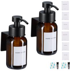 Relaxdays Szappanadagoló 2 db, 250 ml, barna üveg, rozsdamentes acél, falra ragasztható, fúrás nélkül, barna/fekete