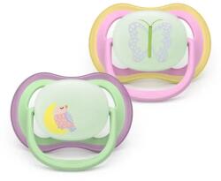 Philips Suzete ortodontice Ultra Air Night + cutie de sterilizare (6-18 luni) pasăre/fluture roz 2 buc. 00A. 0660.001