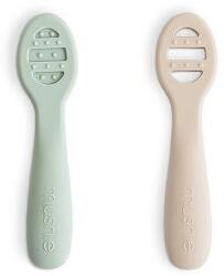Mushie Primele lingurițe din silicon, 2 buc. Cambridge Blue/Shifting Sand Set pentru masa bebelusi