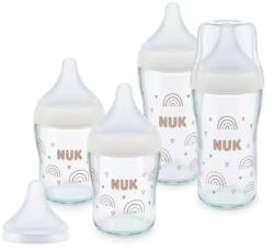 Nuk Set de biberoane din sticlă Perfect Match 2 x 120 ml + 2 x 230 ml + tetină suplimentară pentru hrănire Flow Control, 1 buc. Curcubeu