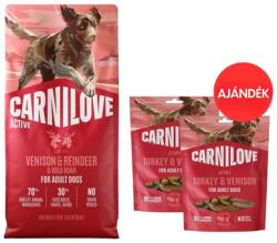 CARNILOVE Active Dog Venision and Reindeer Adult 12 kg vadhús, rénszarvas és vaddisznó kutyáknak + CARNILOVE Dog Jerky Turkey with Venision 2x100g AJÁNDÉK
