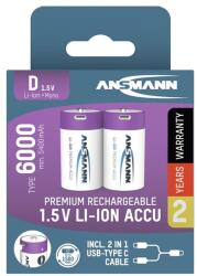 ANSMANN akku, Li-ion, Lítium, D típusú 6000 mAh, 1.5V, Elektromos ajtózárakhoz is, USB-C kábellel tölthető, 2db 1314-0005 (1314-0005)