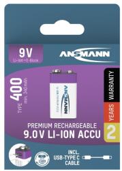 ANSMANN akku, Li-ion, Lítium, E típusú 9 V, 400 mAh, Mérőműszerekhez is, USB-C kábellel tölthető, 1 db 1315-0005 (1315-0005)
