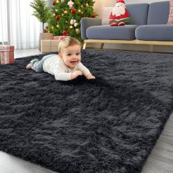 Homaxy Nagyméretű Mosható Hosszú Szálú Szőnyeg 300x400 cm, Fekete - Csúszásmentes, Puha Szőnyeg Nappaliba, Gyerekszobába, Hálószobába
