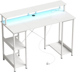 HomCom Birou pentru Computer Reversibil cu Rafturi, 120x50 cm, cu Prize și Lumini LED, Alb cu Efect de Lemn | Aosom Romania (920-100V90WT)