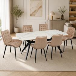Saltsib Set masa living Elegant FDT4, blat ceramica, structura metalica, 140x80x75 cm, alb maro si 6 scaune Gloria FDC20, tapiterie catifea, 90 kg, bej