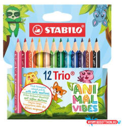 STABILO Színes ceruza készlet, háromszögletű, vastag, STABILO "Trio Thick Short Animal Vibes", 12 különböző szín (TST2051205) - nyomtassotthon