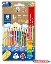 STAEDTLER Színes ceruza készlet, háromszögletű, vastag, hegyezővel, STAEDTLER "Noris® Jumbo 128", 10+2 különböző szín (TS128NC12P1)