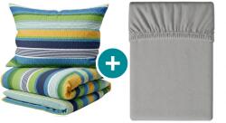  Set de lenjerie de pat creponata LINIE albastra + cearsaf Jersey 90 x 200 cm gri deschis, pat de o persoana Lenjerie de pat