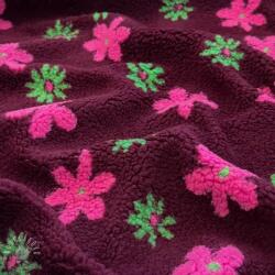  Kabát anyag TEDDY JACQUARD Flowers burgundy