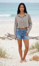 Boohoo IC41102 Boohoo Laza Csíkos Rövid Ujjú Ing Nyárra A Strandra (20) L