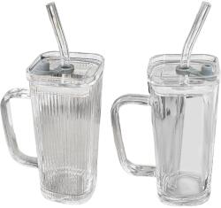 Flippy Pahar pentru Racoritoare, Flippy, din Sticla, 330 ml, cu Pai si Maner, Model Clear Dungi Verticale, Transparent (161208) Pahar