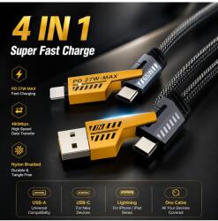  Cablu 4 în 1 USB-C, Lightning și Micro USB - Încărcare Rapidă până la 65W PD, Transfer Date 480 Mbps, Cablu Nylon Premium pentru iPhone, Android și Tablete