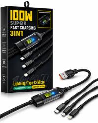  Cablu 3 în 1 USB-A la USB-C, Lightning și Micro USB, Încărcare Rapidă 100W, Display Digital Inteligent, Cablu Nylon Împletit, Transfer Date, Compatibil iPhone și Android
