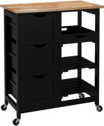 HOMCOM Cărucior servire bucătărie pe roți, blat din lemn, 3 sertare și 1 blat detașabil, 67 x 37 x 85, 5 cm, negru | Aosom Romania (801-213V80BK)