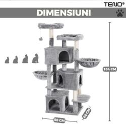  Teno® macskajátszótér, 3 megfigyelőplatformmal, 5 szinttel, 3 házikóval, kötéllel és játékgolyóval, karomkaparó oszlopokkal, extra puha béléssel, stabil szerkezettel, 164 cm, világosszürke