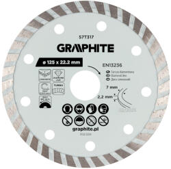 GRAPHITE disc de tăiere cu diamant turbo, 125 x 22, 22 mm, tăiere uscată (57T317) Disc de taiere