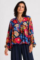 SHOPIKA Bluza dama lejera cu matase si imprimeu floral multicolor si maneci bufante - bleumarin Talie unica