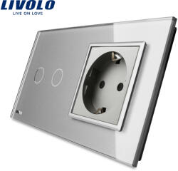LIVOLO Intrerupator dublu touch cu priza simpla Livolo, rama din sticla gri (VL-C702-12/C7-C1EU-15)