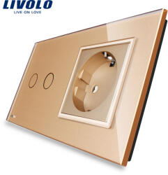LIVOLO Intrerupator dublu touch cap scara/cap cruce cu priza Livolo, auriu (VL-C702S-12/C7-C1EU-13)