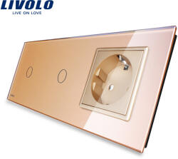 LIVOLO Intrerupator touch dublu cu priza Livolo, din sticla aurie (VL-C701/C701/C7-C1EU-13)