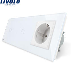 LIVOLO Intrerupator touch dublu Livolo cu priza, panou din sticla alba (VL-C701/C701/C7-C1EU-11)