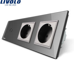 LIVOLO Intrerupator touch simplu Livolo cu 2 prize si panou din sticla gri (VL-C701/C7-C2EU-15)