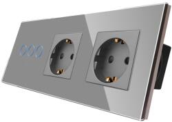 Luxion Intrerupator triplu cu 2 prize si rama din sticla gri Luxion (LX-ST-301/2MP010-GY)
