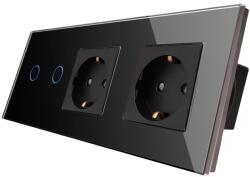 Luxion Intrerupator dublu cu 2 prize si rama din sticla neagra Luxion (LX-ST-201/2MP010-B)