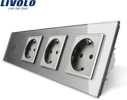 LIVOLO Intrerupator simplu touch cu priza tripla Livolo din sticla gri (VL-C701/C7-C3EU-15)