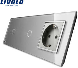 LIVOLO Intrerupator touch dublu cu priza Livolo din sticla gri, elegant (VL-C701/C701/C7-C1EU-15)