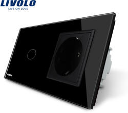 LIVOLO Intrerupator touch simplu cu priza simpla Livolo, rama din sticla, negru (VL-C701-12/C7-C1EU-12)