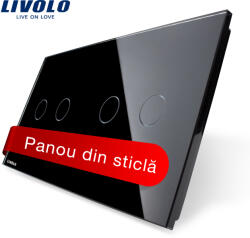 LIVOLO Panou din sticla negru pentru intrerupator touch Livolo, dublu+dublu, 4 pozitii (VL-P702/02-4B)