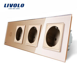 LIVOLO Intrerupator simplu cu touch si priza tripla Livolo din sticla, auriu (VL-C701/C7-C3EU-13)