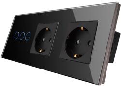 Luxion Intrerupator triplu cu 2 prize si rama din sticla neagra Luxion (LX-ST-301/2MP010-B)