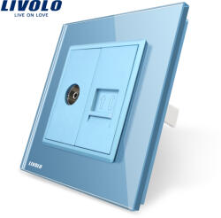 LIVOLO Priza dubla TV + telefon Livolo cu rama din sticla albastra (VL-C791VT-19)
