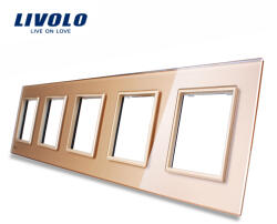 LIVOLO Rama cvintupla din sticla Livolo aurie pentru prize si module multimedia (VL-P7E/E/E/E/E-10A)
