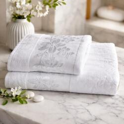 Kotonia Home Set 2 prosoape baie Kotonia Home - catifea, 100% Bumbac, 50x90 cm si 70x140 cm, decor floral satinat, alb (004823) Prosop