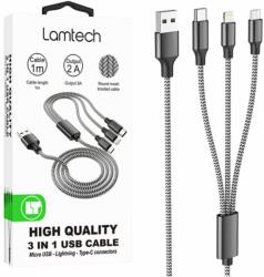 Lamtech Cablu Date si Incarcare Lamtech 3in1 USB la Type-C/ Lightning/ Micro USB Invelis Metalic 2A 1m Negru (8718858450305)