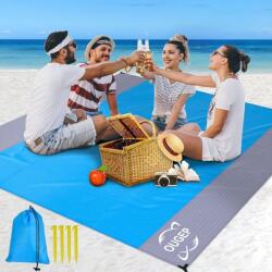 OUGEP homokálló strandszőnyeg 200x230 cm, vízálló piknik takaró kék/szürke, 4 sarokrögzítővel, strand, túrázás, kemping és szabadtéri haszná