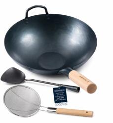 Mammafong Wok Start Set - Beavatott Szénacél Wok 14/35cm/ Lapos Aljú, Lapáttal és Szűrővel (Mammafong)