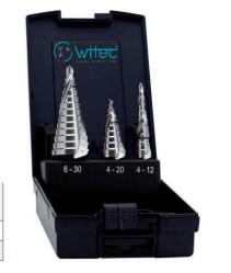 witec RISTA lépcsős lemezfúró készlet, spirálhornyolt, keresztélezéssel, HSS-Co5% (M35) gyorsacélból, 4-12 / 4-20 / 6-30 mm (B0009876)